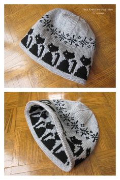 two pictures of a knitted hat with black and white designs on the front, and bottom