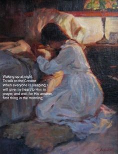 a painting of a woman sitting on a couch with a quote written below it that reads waking up at night to talk to the creator