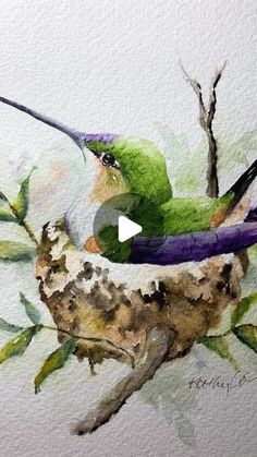 a painting of a bird sitting on top of a tree branch