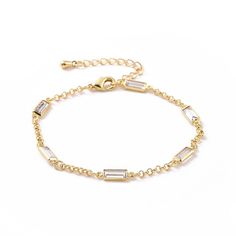 18k gold plated clear cubic zirconia Size: about 6.50 inches long, chain extender: 1.57 inches long Luxury Rectangular Chain Bracelet For Everyday, Luxury Classic Rectangular Chain Bracelet, Luxury Gold Dainty Bracelet With Rectangular Links, Gemstone Accessories, Accessories Ideas, Chain Extenders, Long Chain, Link Bracelets, Diamond Bracelet