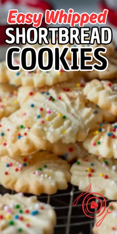 easy whipped shortbread cookies with sprinkles on a cooling rack