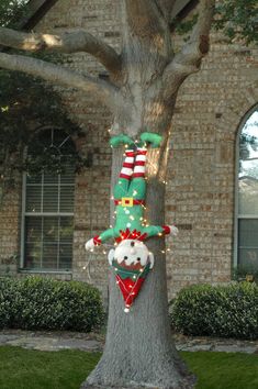 the elf is hanging from the tree in front of the house