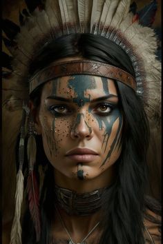 a native american woman with feathers on her head and makeup is looking at the camera