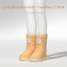 a pair of yellow rain boots sitting on top of a white background with the words, just rainboots toddler / child 25 swatches