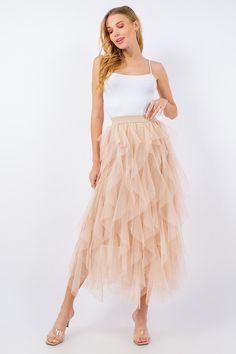 Ruffled asymmetric tulle skirt Inner lining  Elastic waist band Handwash cold Elegant Tulle Midi Skirt, Elegant Midi Tulle Skirt, Chic Party Tulle Maxi Skirt, Party Skirt With Layered Voluminous Hem, Party Skirt With Layered Hem And Voluminous Fit, Voluminous Party Skirt With Layered Hem, Chic Tulle Lined Maxi Skirt, Tulle Maxi Skirt With Ruffled Details, Chic Party Skirt With Layered Hem