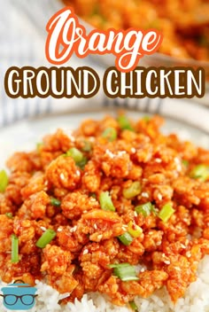 orange ground chicken on top of white rice