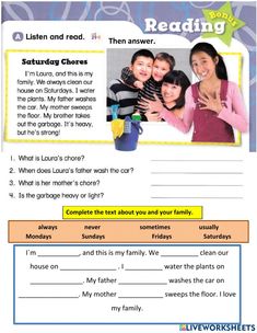 Ficha online de Household chores para elementary. Puedes hacer los ejercicios online o descargar la ficha como pdf. Teaching Vowels, Reading Comprehension Kindergarten, Grammar Exercises, English Grammar Worksheets, Grammar Activities, Comprehension Passage, English Language Teaching, Reading Comprehension Passages, English Reading