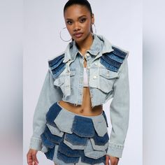 Crop Two In One Denim Vest And Jacket Light Wash Long Sleeve Cropped Denim Jacket, Trendy Denim Cropped Jacket With Pockets, Light Wash Denim Cropped Jacket With Pockets, Trendy Blue Cropped Jacket With Pockets, Denim Crop Jacket, Jean Jackets, Crop Jacket, Denim Vest, Jean Coat