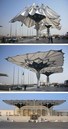 three different views of an umbrella structure in the middle of a parking lot with cars parked nearby