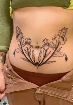 Stomach Flower Tattoo, Midriff Tattoo, Floral Stomach Tattoo, Hip Bone Tattoos, Floral Chest Tattoo, Symmetrical Stomach Tattoo, Sapphic Tattoo, Tattoo Belly, Collar Bone Tattoos