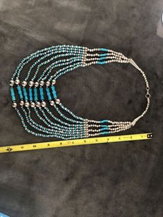 "All of our turquoise has been tested. All are natural color and natural turquoise gemstone. Most have a Mohs hardness of 6 or greater. Museum Quality! Sleeping Blue Turquoise Bench Bead Silver Navajo Old Pawn Pearls Native Handmade Necklace Condition is \"Pre-owned\". Beautiful! Front \"bow tie shaped\" beads are wood all other materials are sterling silver and turquoise. This is obviously hand made by a very talented artist. Sleeping Beauty. It appears to be all original however the hook for t Southwestern Turquoise Round Bead Necklaces, Southwestern Style Large Beads Turquoise Necklace, Southwestern Turquoise Necklace With Large Beads, Southwestern Turquoise Necklace With Large Adjustable Beads, Southwestern Turquoise Necklace With Gemstone Beads, Southwestern Turquoise Necklace With Colorful Beads, Southwestern Turquoise Necklaces With Silver Beads, Southwestern Turquoise Necklace With Silver Beads, Large Southwestern Turquoise Beads