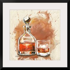 an oil painting of a bottle and two glasses