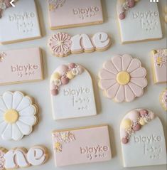 decorated cookies are arranged on a table with name tags and daisies in pastel colors