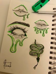 a drawing of different types of eyes and lips with green marker pens on top of it