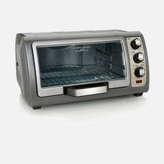 an open toaster oven on a white surface