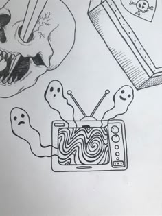 a drawing of an old tv with ghost faces on it and a skull in the background