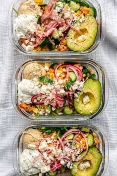 three glass containers filled with different types of food