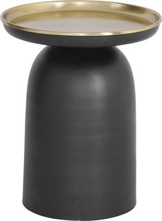 a black and gold plate on top of a round table with a metal base in the shape of a vase