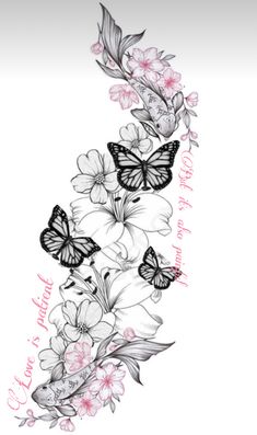 some flowers and butterflies on a white background with the words love is in the air