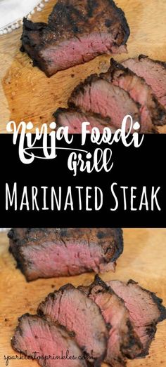 grilled marinated steak on a cutting board with text overlay