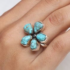 Raw Arizona Turquoise Ring, 925 Sterling Silver Ring, Floral Shaped Ring, Rough Gemstone Ring, December Birthstone, Handmade Silver Jewelry Gemstone Name - Arizona Turquoise Stone Quality - AAA  Weight - 8.87 gm  Length - 2.5 cm Width - 2.5 cm Stone Shape - As shown in the picture Ring Size - All Ring Size Available  We serve complete 925 sterling silver Jewelry and genuine properties of the stone.  The products are dispatched from the small business from UK. Product Quality and Packaging - Our Turquoise Ring With Natural Stones, Artisan Turquoise Gemstone Ring For Anniversary, Artisan Turquoise Ring With Natural Stones For Anniversary, Gift Turquoise Cluster Ring With Gemstone, Unique Turquoise Ring With Natural Stones For Anniversary, Spiritual Turquoise Ring With Natural Stones For Anniversary, Rough Gemstone Ring, Handmade Silver Jewelry, Arizona Turquoise