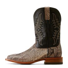 Crafted in uniquely textured python leather, this sleek boot can hold its own in the saddle or in the boardroom. It's neutral enough to go with everything, distinctive enough not to blend in. Dry Gulch Cowboy Boot | Product Features : 0 : ATS® technology provides ergonomic support on uneven terrain, 1 : Removable Pro Performance insole for cushioning and shock absorption, 2 : LeatherTEK™ features a flexible TPU plate for protection on uneven surfaces, 3 : Resolable, handcrafted 11-iron butyl lea Western Boots With Snake Print And Round Toe, Fitted Leather Boots With Snake Print, Western Leather Boots With Snake Print, Western Snip Toe Boots With Snake Print, Black And Brown Cowboy Boots, Cowboy Boots For Men Boot Barn, Black Western Boots With Crocodile Pattern, Fitted Leather Snake Print Boots, Cowboy Boots Mens