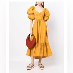 Questions? Leave A Comment Below! Summer Puff Sleeve Dress With Voluminous Skirt, Fancy Dresses, Sewing Ideas, Leave A Comment, Puff Sleeve, Midi Dress, Womens Dresses, Sewing, Yellow