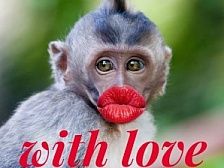 a monkey with red lipstick on it's lips and the words, faith love