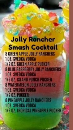 an image of a cocktail recipe with drinks in the background and text overlay that reads, jolly rancher smash cocktail