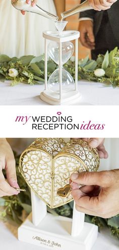 wedding reception decorations with the words my wedding reception ideas written on it and two hands holding an hourglass