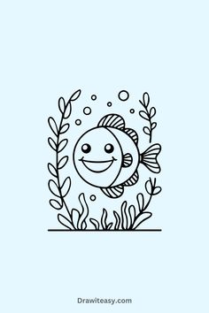 A smiling, cartoon-style fish swims amidst seaweed and bubbles, framed by simple, bold lines in a minimalist underwater scene. Fish Sketch, Sea Drawing