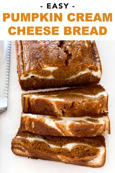 sliced pumpkin cream cheese bread on a cutting board next to a knife and fork with text overlay