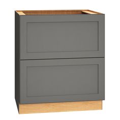 a gray cabinet with two drawers on the bottom and one drawer in the middle, against a white background