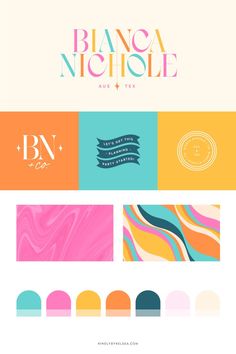 the logo for an art studio with different colors and patterns on it, including pink, blue