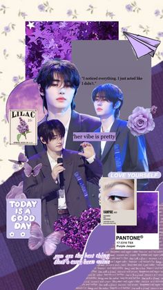 the collage shows two men in suits and one woman with blue hair, wearing purple flowers