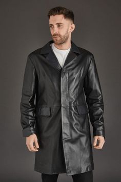 Men's Trench Leather Coat In Black Black Luxury Long Pea Coat, Luxury Black Long Pea Coat, Masculine Black Leather Jacket For Work, Black Leather Outerwear, Winter Leather Single Breasted Sport Coat, Winter Leather Single-breasted Sport Coat, Luxury Black Sport Coat For Business, Classic Black Outerwear With Leather Lining, Black Leather Pea Coat For Workwear