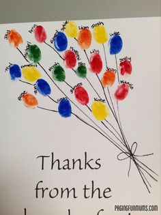 a card with the words thanks from the teacher on it and colorful balloons in the middle