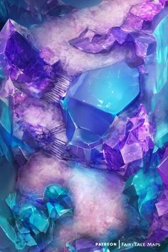 an abstract painting with purple and blue crystals