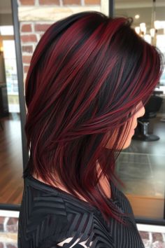 Medium Length Hair With Red Highlights, Dark Red Hair With Black Tips, Black Streaks In Red Hair, Dark Red And Black Hair Color, Cherry Red Streaks, Deep Red Highlights On Dark Hair, Red Skunk Highlights, Cherry Red And Black Hair, Red Streaks Hair