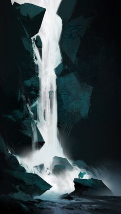 an abstract painting of a waterfall in the middle of some rocks and water with ice on it