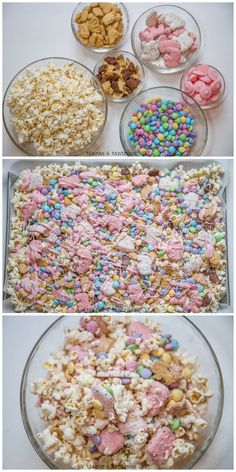 three pictures show different types of food in bowls and on the table, including rice krispy kreme treats