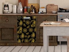 a kitchen area with a table, stove and cabinets in the background that has yellow designs on it