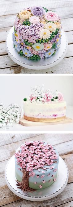 three different types of cakes with flowers on them