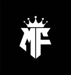 the mf logo with a crown on it's head in black and white