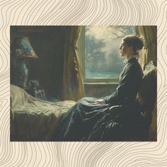 a painting of a woman sitting on a bed in front of a window looking out the window