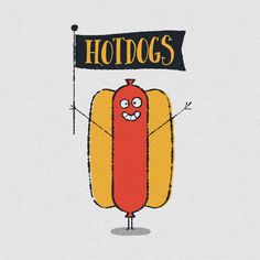 a hot dog holding a sign that says hotdogs on it's side