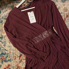 New Zara Maxi Dress Red Wine Color Chic Burgundy Long Sleeve Dress, Chic Burgundy Maxi Dress For Fall, Burgundy Long Sleeve Dress For Spring, Elegant Burgundy Mini Dress For Spring, Brown Pleated Dress For Date Night, Pleated Brown Dress For Date Night, Chic Burgundy Maxi Dress, Chic Burgundy Mini Dress For Spring, Chic Burgundy Midi Dress For Fall