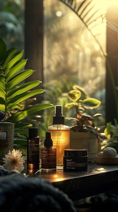 several bottles of skin care products sit on a table in front of some plants and rocks