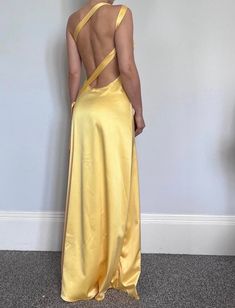 Beautiful Slip Backless Dress  Comes in two sizes Uk 8 and Uk 10 - fabric has some stretch  If you have any questions please message Backless Maxi Dresses Formal, Yellow Backless Prom Dress, Long Silk Backless Dress, Backless Casual Dress, Backless Wedding Guest Dress, Back Less Dress, Gold Backless Dress, Uk Prom Dresses, Prom Dresses Unique