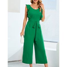 Green Ruffle Hem Tie Waist Straight Leg Jumpsuit Jumpsuits Pattern, Romper Casual, Womens Black Jumpsuit, Jumpsuit Pattern, Casual Rompers, Pant Length, Casual Jumpsuit, Polished Look, Women Style